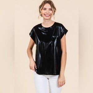 JODIFL Glossy Black Short Sleeve Top
